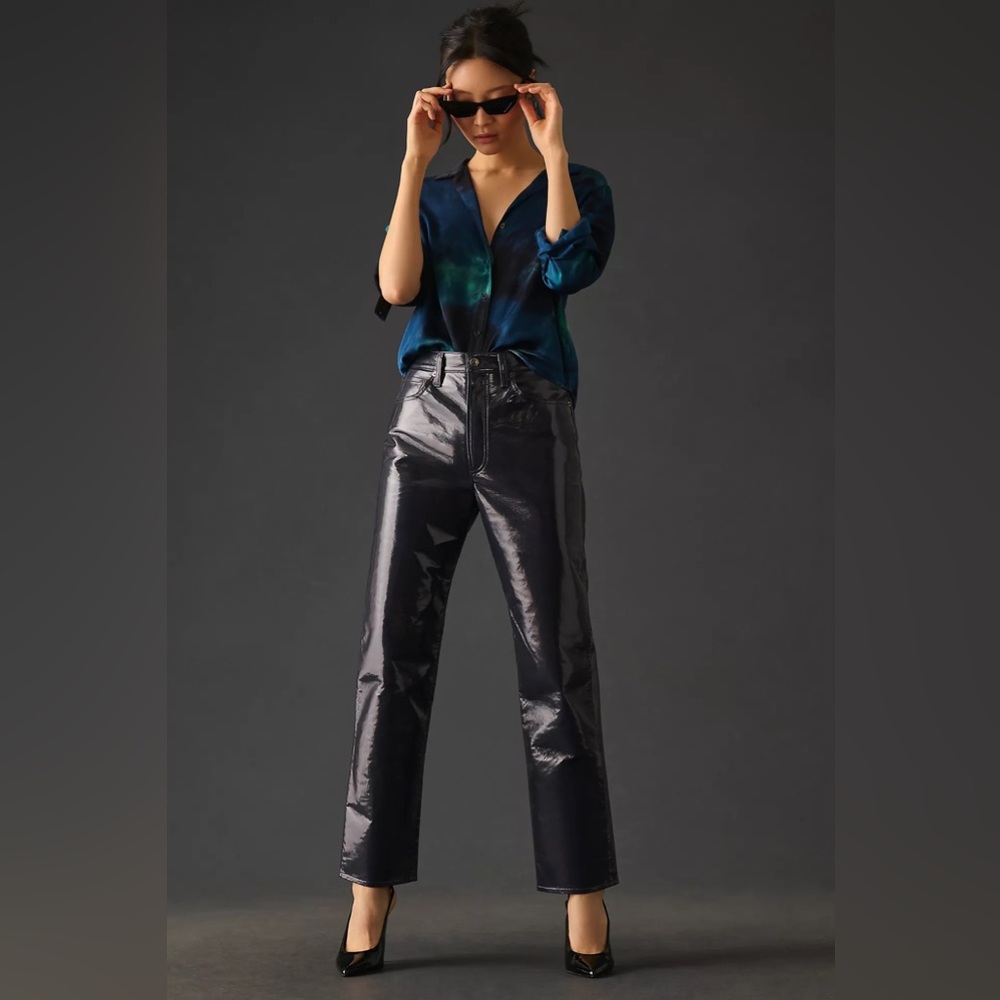 AGOLDE Recycled Leather 90's Pinch Waist Straight Leg Pants in Carbon (32) - Picture 2 of 14